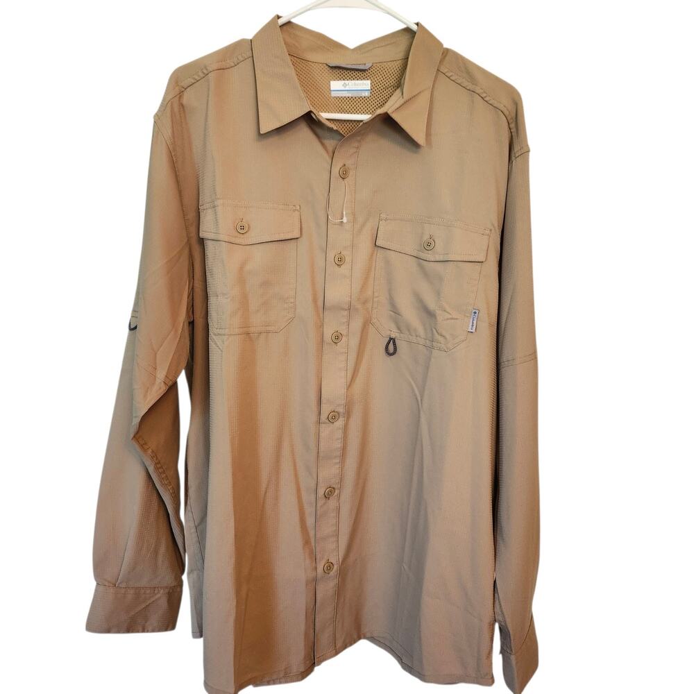 Columbia Omni-Shade UPF 50 Khaki Shirt Mens L Long Sleeve Fishing Vented Outdoor